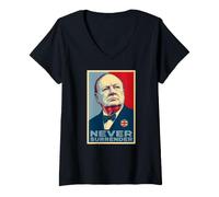 Donna Stampa iconica di Winston Churchill Never Surrender Maglietta con Collo a V