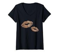 Donna Stampa Leopardata Labbra Graphic Bold Cheetah Bocca Bacio Donna Maglietta con Collo a V