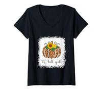 Donna Stampa Leopardata Zucca Ringraziamento Halloween It's Fall Y'All Maglietta con Collo a V