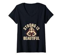 Donna Stampa sul retro Strong Woman Quotes Strong is Beautiful Maglietta con Collo a V