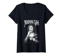 Donna Stanco Monna Lisa Mattina caffè Divertente Leonardo da Vinci Maglietta con Collo a V