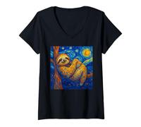 Donna Star Night Lounge Sky Funny Animal Mosaico Bradipo addormentato Maglietta con Collo a V