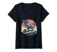 Donna Stars Stripes e Surfing Dinosaur per gli amanti del surf patriottico Maglietta con Collo a V