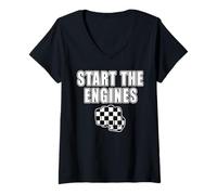 Donna Start The Engines Pugno a scacchiera Maglietta con Collo a V