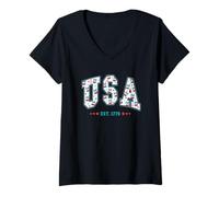 Donna Stati Uniti Est. 1776 stelle floreali patriottiche Maglietta con Collo a V