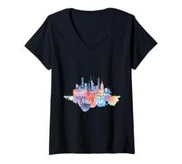Donna Statua della Libertà Skyline US Viaggio Souvenir Cityscape Maglietta con Collo a V