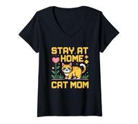 Donna Stay At Home Cat Mom Maglietta con Collo a V