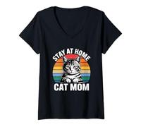 Donna Stay At Home Cat Mom Maglietta con Collo a V