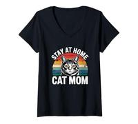 Donna Stay At Home Cat Mom Maglietta con Collo a V