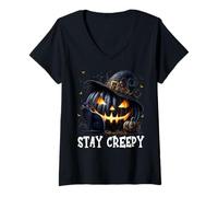 Donna Stay Creepy Halloween Cat Lover Pumpkin Graphic for Goth Mom Maglietta con Collo a V