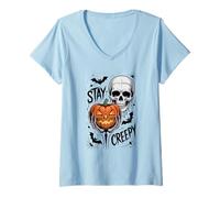 Donna Stay Creepy Skull Pumpkin Halloween Design Maglietta con Collo a V