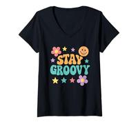 Donna Stay Groovy Carino Retro Hippie Motivazionale Compleanno Corrispondenza Maglietta con Collo a V