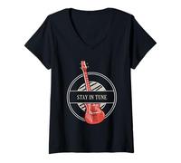 Donna Stay in Tune Retro Guitar Player Disegni Presente Maglietta con Collo a V