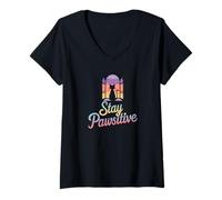 Donna Stay Pawsitive Cat Design - Simpatico gatto motivazionale Maglietta con Collo a V