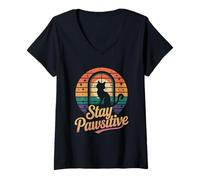 Donna Stay Pawsitive Cat Retro Tramonto Design Maglietta con Collo a V
