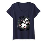 Donna Stay Pawsitive Panda Motivazione Maglietta con Collo a V