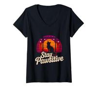 Donna Stay Positive Cat Amante Gatto Retro Ottimismo Maglietta con Collo a V