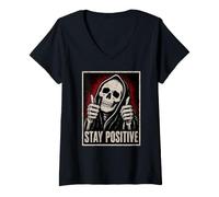 Donna Stay Positive, Scheletro Vintage con Pollice in su, Grim Reaper Maglietta con Collo a V