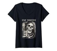 Donna Stay Positive Skeleton Skull Halloween Divertente Motivazionale Maglietta con Collo a V