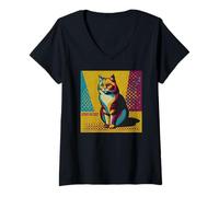 Donna Stay Retro Distressed Pop Cat Art anni '80 Vintage Maglietta con Collo a V