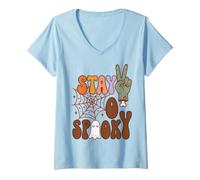 Donna Stay Spooky Halloween Zombie Peace Sign Maglietta con Collo a V