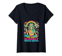 Donna Stay Tripy Elderly White Hippie Skeleton Rainbow Peace Maglietta con Collo a V