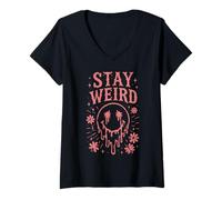 Donna Stay Weird Face Retro Groovy Floreale Rosa Maglietta con Collo a V