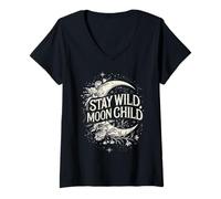 Donna Stay Wild Moon Child Celeste Boho Luna e Stelle Maglietta con Collo a V