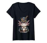 Donna Steampunk Axolotl in Top Hat Occhiali e Orologio Maglietta con Collo a V