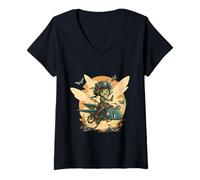 Donna Steampunk Battle Fairy Riding a Dragonfly Maglietta con Collo a V