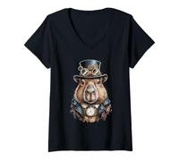 Donna Steampunk Capybara Top Hat Occhiali e Orologio Maglietta con Collo a V
