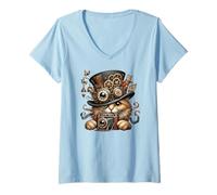 Donna Steampunk Cat con macchina fotografica, cappello a cilindro vintage con grafica retrò Maglietta con Collo a V
