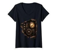 Donna Steampunk Gears Robot Costume Strappato Panno Grafica 3D Maglietta con Collo a V