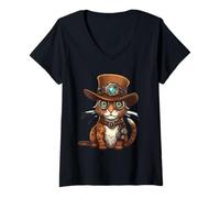 Donna Steampunk Oriental Shorthair Cat Kitty Kitty Steam Punk Maglietta con Collo a V