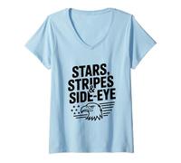 Donna Stelle Strisce e Occhi Laterali Divertente Umorismo Patriottico Maglietta con Collo a V