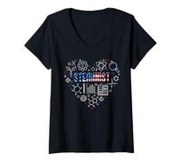 Donna Steminist American Flag Cuore - Scienza, Tecnologia e Matematica STEM Maglietta con Collo a V