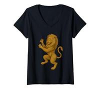 Donna Stemma del leone Rinascimento Fantasy Art Araldico Animale Medievale Maglietta con Collo a V