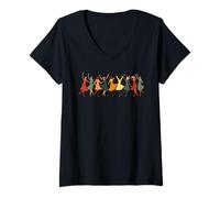 Donna Stencil ritagliato a Forma di Nove Donne Che Ballano, Stile retrò 5 Maglietta con Collo a V
