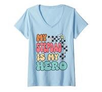 Donna Stepdad Hero Cute Retro Floral Fathers Day Appreciation Maglietta con Collo a V
