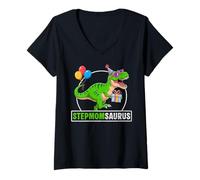 Donna Stepmomsaurus T-Rex Dinosauro Mamma Saurus Famiglia Corrispondenza Maglietta con Collo a V