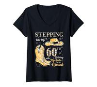 Donna Stepping Into My 60th Birthday Cowgirl Hat & Boots 60 Anni Maglietta con Collo a V