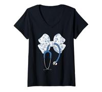 Donna Stetoscopio da Infermiera con Fiocco Blu Floreale Stile Civetta Maglietta con Collo a V