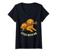 Donna Stick with Me - Divertente Golden Retriever per Amanti dei Cani, Design Carino Maglietta con Collo a V