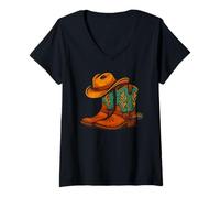 Donna Stile Cowboy Occidentale - Cappello e Stivali da Rodeo Rustico Country Life Maglietta con Collo a V