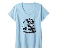 Donna Stile retrò Happy Halloween carino strega e gattino Maglietta con Collo a V