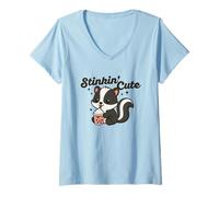 Donna Stinkin Carino Cartoon Baby Skunk Bere Boba Kawaii Style Maglietta con Collo a V