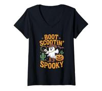 Donna Stivali Scootin' Spooky Ghost Boo Cowboy Rodeo Maglietta con Collo a V