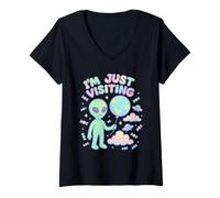 Donna Sto solo visitando Pastel Alien Kawaii Space Design Maglietta con Collo a V