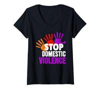 Donna Stop Domestic Violence T-Shirt - Consapevolezza della violenza Domestica Maglietta con Collo a V