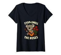 Donna Stop & Smell The Roses Funny Koala Music Citazione Maglietta con Collo a V